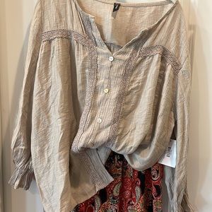 TALIAN LINEN BOHO  BELL SLEEVE BLOUSE NWT SIZE LARGE Natural Earthy